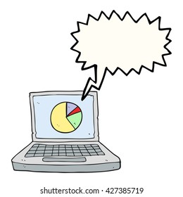 freehand drawn speech bubble cartoon laptop computer with pie chart