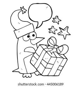 freehand drawn speech bubble cartoon christmas penguin with present