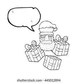 freehand gezeichnete Sprechblase Cartoon müde Santa Claus Gesicht mit Geschenken