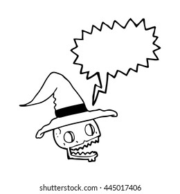 freehand drawn speech bubble cartoon skulll wearing witch hat