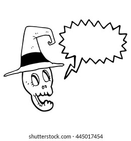 freehand drawn speech bubble cartoon skull wearing witch hat