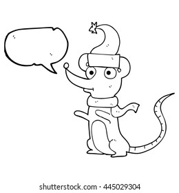 freehand drawn speech bubble cartoon mouse wearing christmas hat