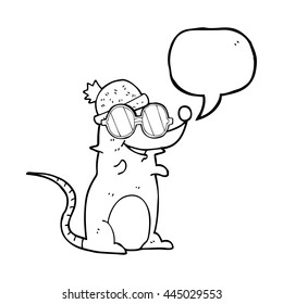 freehand drawn speech bubble cartoon mouse wearing glasses and hat