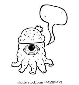 freehand drawn speech bubble cartoon alien wearing  hat