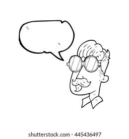 freehand drawn speech bubble cartoon man with mustache and spectacles