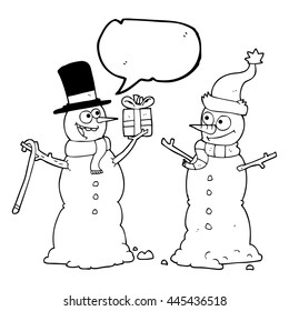 freehand drawn speech bubble cartoon snowmen exchanging gifts