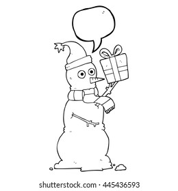 freehand drawn speech bubble cartoon snowman holding present