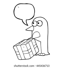 freehand drawn speech bubble cartoon penguin with christmas present