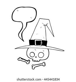 freehand drawn speech bubble cartoon witch hat with skull