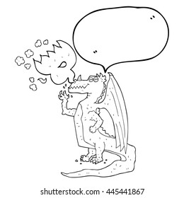 freehand drawn speech bubble cartoon happy dragon breathing fire