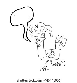 freehand drawn speech bubble cartoon chicken running in funny hat