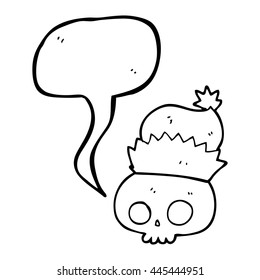 freehand drawn speech bubble cartoon skull wearing christmas hat