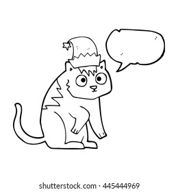 freehand drawn speech bubble cartoon cat wearing christmas hat