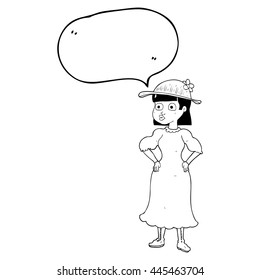 freehand drawn speech bubble cartoon woman in sensible dress