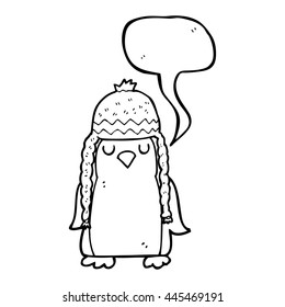 freehand drawn speech bubble cartoon robin wearing winter hat