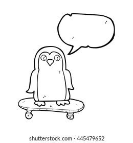 freehand drawn speech bubble cartoon penguin riding skateboard
