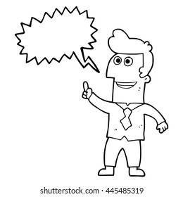 empresario de caricatura de burbuja de discursos dibujado a mano libre señala