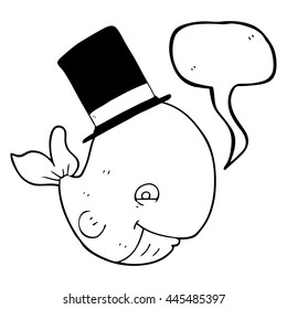 freehand drawn speech bubble cartoon whale in top hat