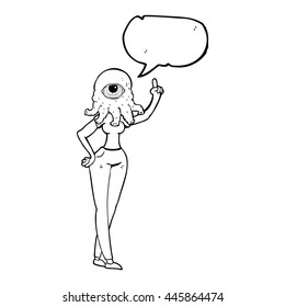 caricatura de burbuja de habla dibujada a mano libre de una extraterrestre con mano alzada