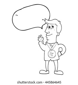 caricatura de burbuja de habla dibujada a mano libre agitando a un hombre con premio