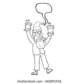 freehand drawn speech bubble cartoon man with coffee cups at christmas