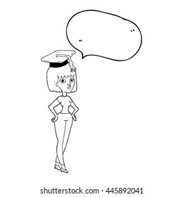 freehand drawn speech bubble cartoon woman with graduation cap