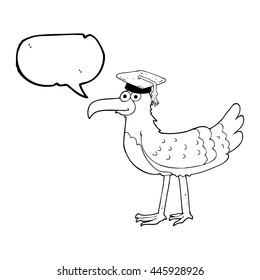 freehand drawn speech bubble cartoon seagull with graduate cap