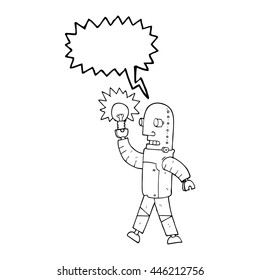 freehand drawn speech bubble cartoon robot with light bulb