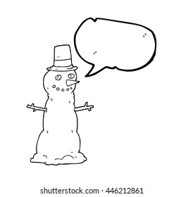 freehand drawn speech bubble cartoon snowman in top hat