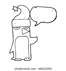 freehand drawn speech bubble cartoon penguin in christmas hat