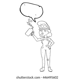 freehand drawn speech bubble cartoon woman welding
