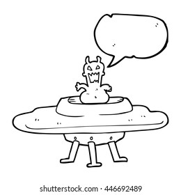 freehand drawn speech bubble cartoon alien in flying saucer