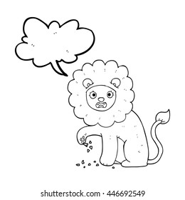 freehand drawn speech bubble cartoon lion with thorn in foot