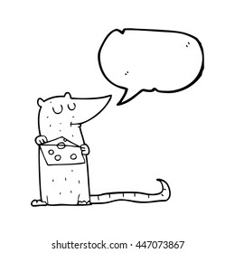 freehand drawn speech bubble cartoon mouse with cheese