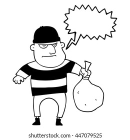 freehand drawn speech bubble cartoon burglar with loot bag