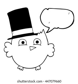 freehand drawn speech bubble cartoon little owl with top hat