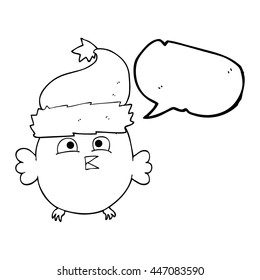 freehand drawn speech bubble cartoon owl wearing christmas hat