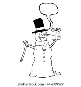 freehand drawn speech bubble cartoon snowman holding present