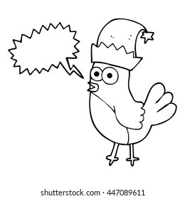 freehand drawn speech bubble cartoon robin in christmas hat