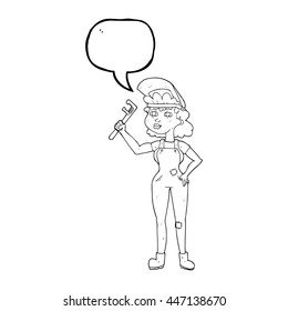 caricatura de burbuja de habla dibujada a mano libre mujer capaz con llave