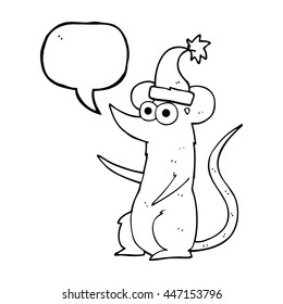 freehand drawn speech bubble cartoon mouse wearing christmas hat