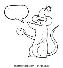 freehand drawn speech bubble cartoon mouse wearing christmas hat