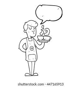freehand drawn speech bubble cartoon barista serving coffee
