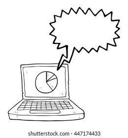 freehand drawn speech bubble cartoon laptop computer with pie chart