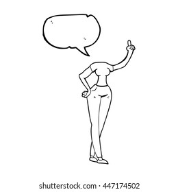 freehand drawn speech bubble cartoon female body with raised hand