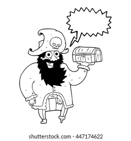 caricatura de la burbuja de habla dibujada a mano libre capitán con cofre del tesoro