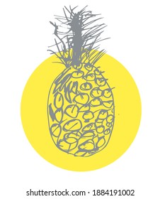 Freehand drawn stylized pineapple fruits on lemon color rounded form isolated on white background. Perfect for design and print of banners, posters, pages, print on clothes, cards, t-shirts.