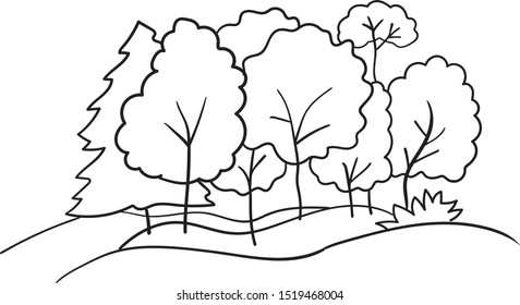 Freehand drawn stylized trees on a hill