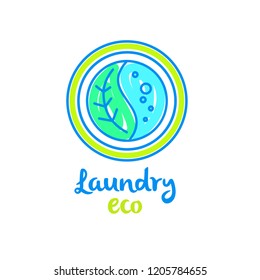 Freehand drawn template creative laundry logotype, label, badge. Image of clean circle with leaf and water inside. Concept eco, energy efficiency washing machine. Self-service laundry, washhouse