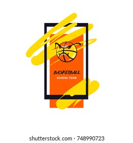 Freehand drawn template logo, banner , poster for basketball school, college team, sport club. Concept image stylized ball. Sketch vector illustration.